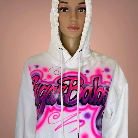 Zara Womens Crop Top Hooded Medium M White Pink Logo Sugar Baby Print Stretch - Picture 2 of 13